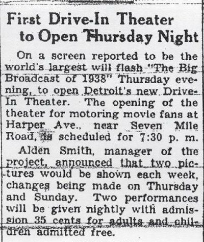 East Side Drive-In Theatre - Annoucement Article